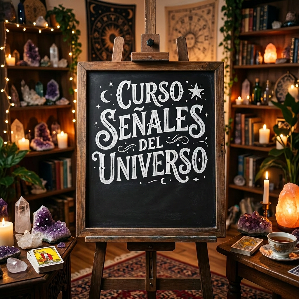 Blackboard with white lettering about a course on interpreting universe signs and spiritual messages.